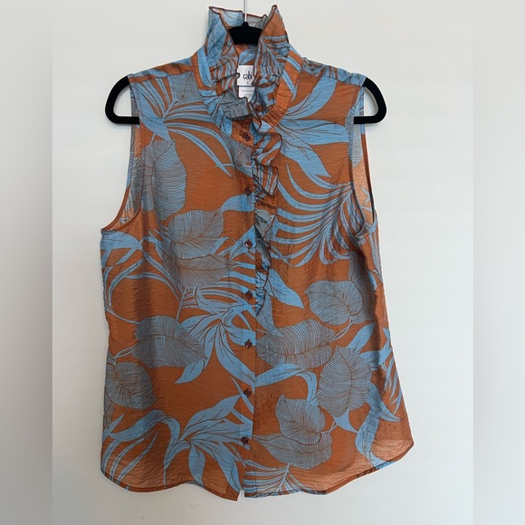 CABI #6525 Tropical Top Ruffled Buttoned Sleeveless Copper Blue NWOT Size L - Picture 2 of 5